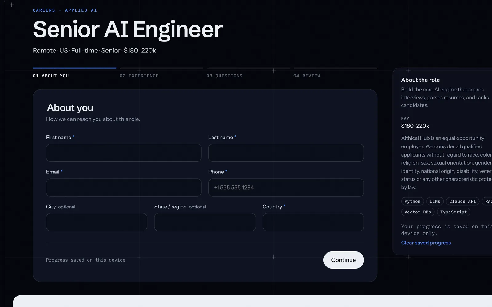 Aero AI screen: candidate application, showing sample data
